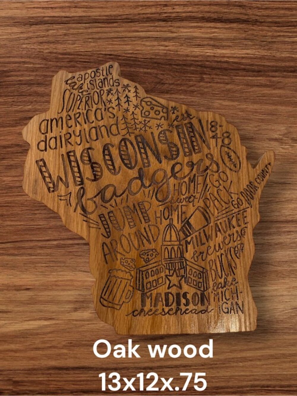 Wisconsin Shaped Oak Wood Cutting Board | Engraved State Serving Board | Rustic